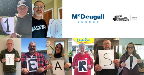 Shows a collage of 8 people holding a cut out of a letter spelling 10 Years, McDougall Energy logo is in a square
