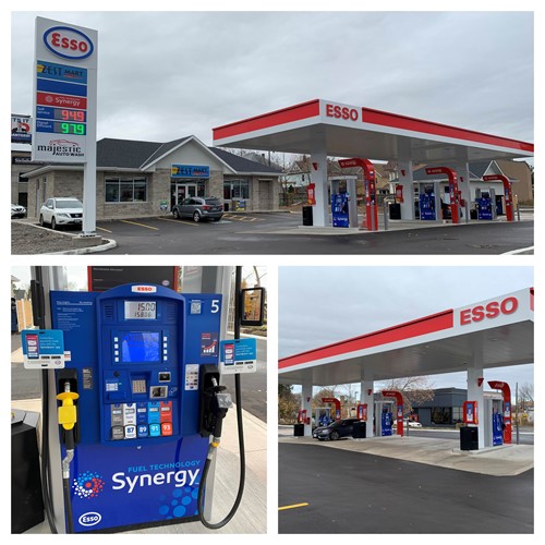 Shows 3 images of exterior of Esso gas station and 1 photo shows blue Synergy fuel pump