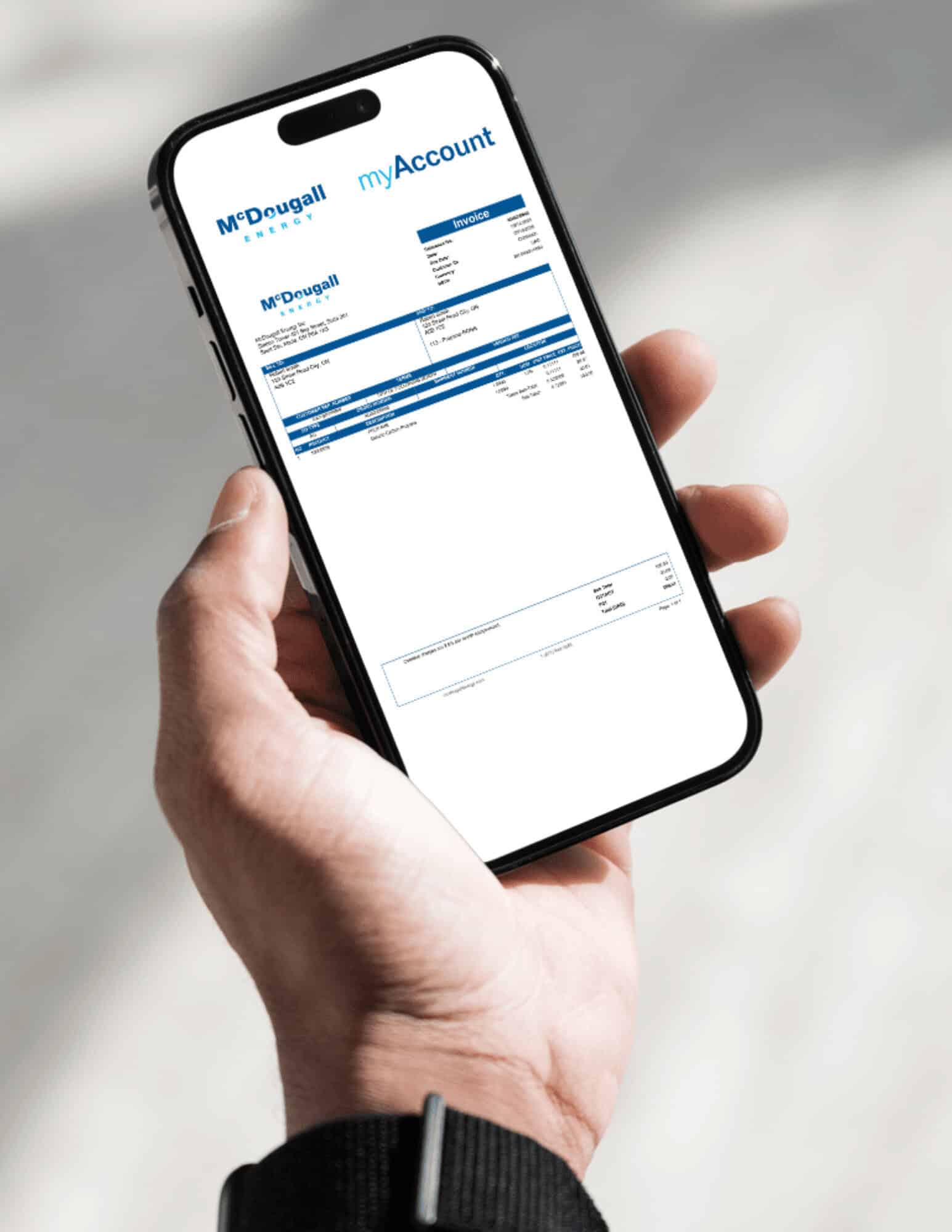 Digital energy bill on smartphone, McDougall Energy billing service, convenient billing, energy management.