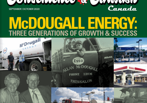 Shows poster of old photo of McDougall Energy history. Title reads Convenience & Carwash Canada and McDougall Energy: Three Generation of growth & Success