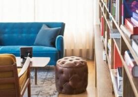 Shows living room with a blue couch against window and large book shelf to the right