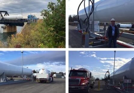 Shows a collage of 4 photos of large white fuel tank