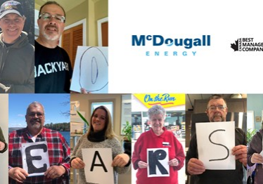 Shows a collage of 8 people holding a cut out of a letter spelling 10 Years, McDougall Energy logo is in a square