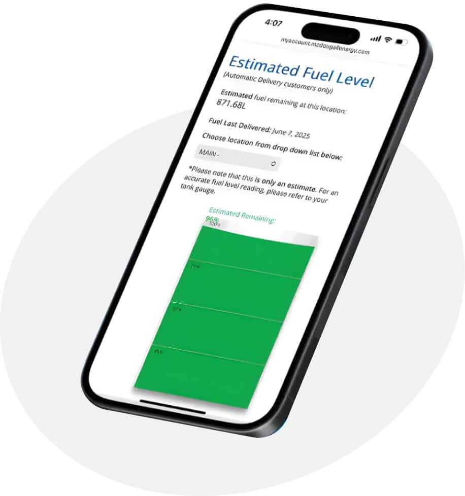 Fuel level display on mobile app for residential fuel delivery service.