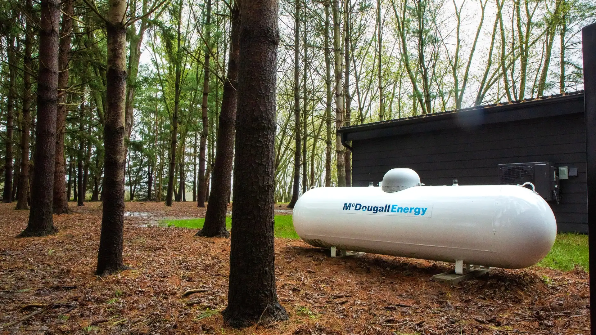 McDougall Energy propane tank in a wooded area, illustrating the free propane tank rental promotion and propane tank rental cost.